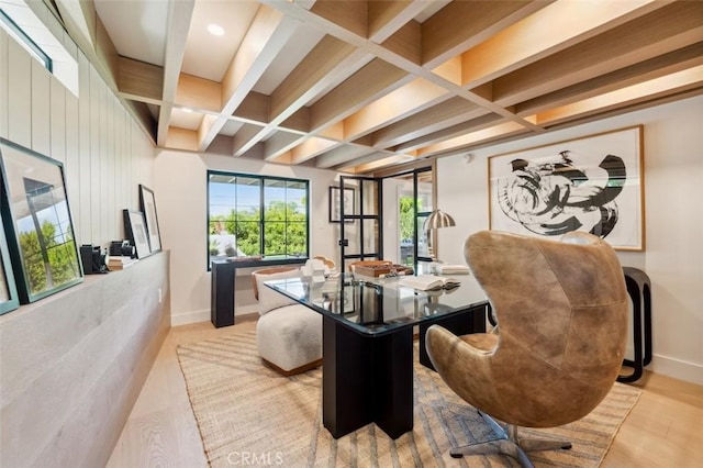 home office with baseboards, coffered ceiling, and beam ceiling