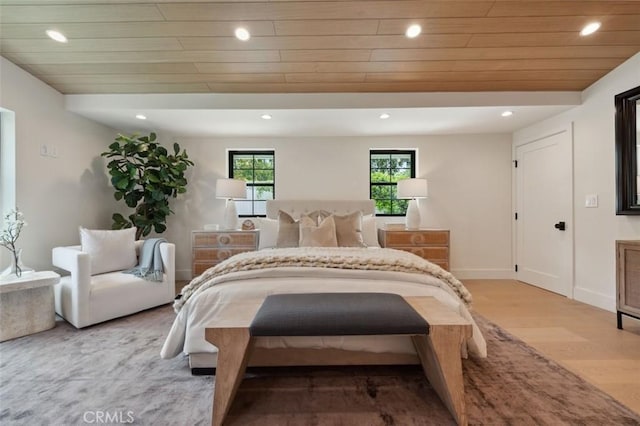 13817 Valley Vista Blvd, Sherman Oaks, CA 91423 - bedroom with recessed lighting, light wood finished floors, and wooden ceiling