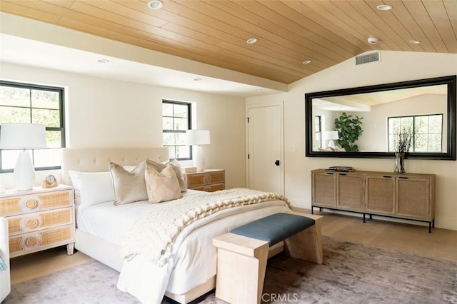 bedroom with wood ceiling, visible vents, wood finished floors, lofted ceiling, and recessed lighting
