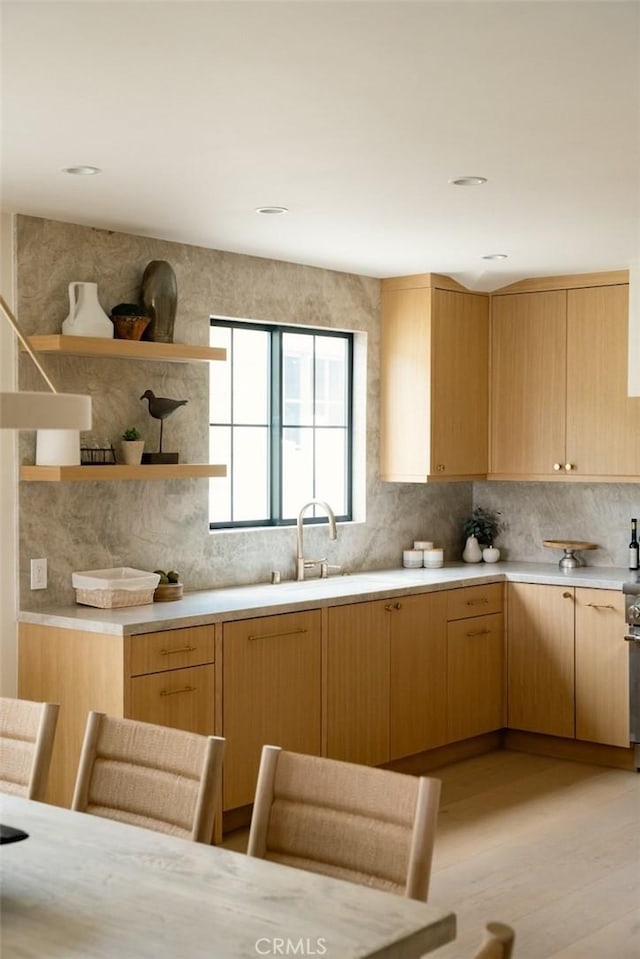 kitchen featuring open shelves, a sink, light countertops, light wood-style flooring, and tasteful backsplash