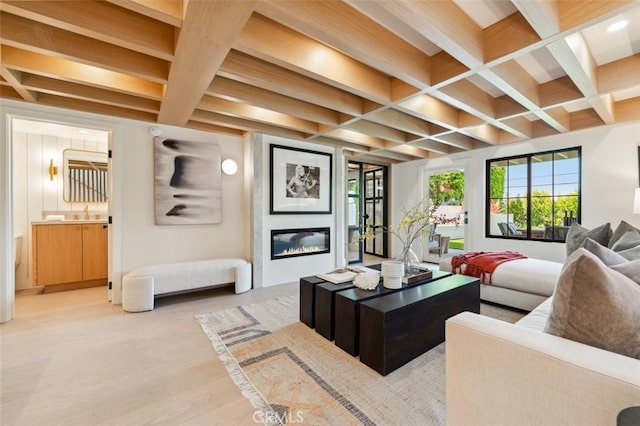 13817 Valley Vista Blvd, Sherman Oaks, CA 91423 - living room with coffered ceiling, beamed ceiling, light wood-style floors, and a large fireplace