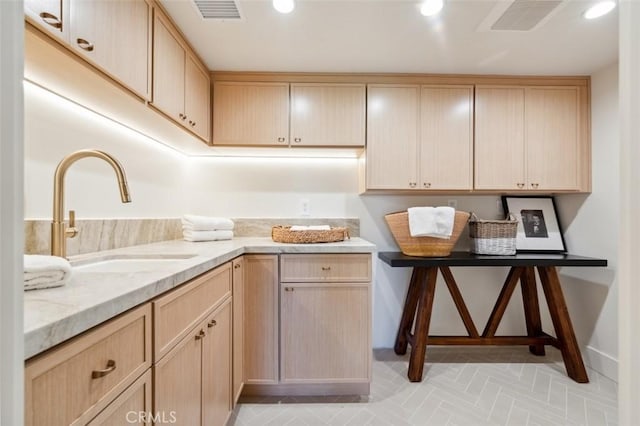 13817 Valley Vista Blvd, Sherman Oaks, CA 91423 - kitchen featuring light brown cabinetry, light stone countertops, and recessed lighting