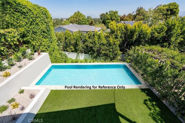 view of pool featuring a lawn, a fenced in pool, and a fenced backyard