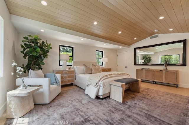bedroom featuring recessed lighting, lofted ceiling, and wooden ceiling