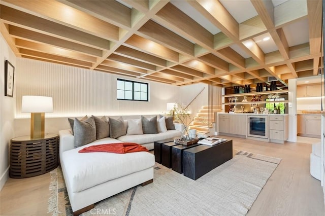13817 Valley Vista Blvd, Sherman Oaks, CA 91423 - living room featuring beverage cooler, a bar, stairway, light wood-type flooring, and coffered ceiling