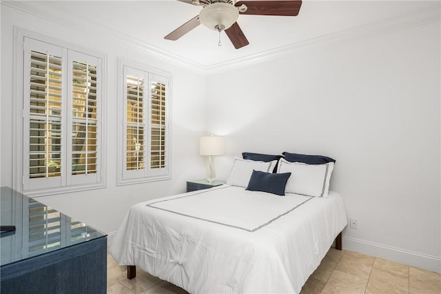 bedroom with crown molding, baseboards, ceiling fan, and light tile patterned floors
