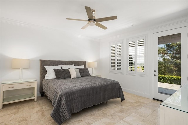 bedroom featuring crown molding, a ceiling fan, baseboards, and access to exterior