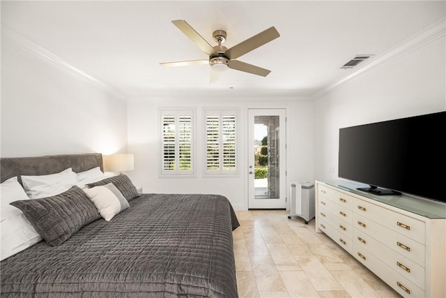 bedroom with visible vents, ornamental molding, ceiling fan, and access to exterior