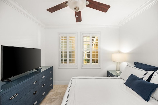 bedroom with crown molding, a ceiling fan, and baseboards