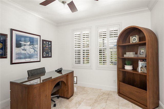 home office featuring crown molding, a ceiling fan, marble finish floor, and baseboards