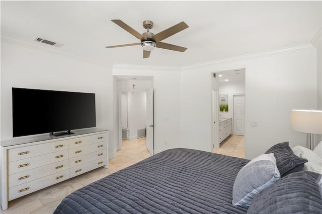 bedroom featuring crown molding, ensuite bathroom, a ceiling fan, and visible vents