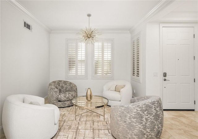 living area with an inviting chandelier, ornamental molding, and visible vents