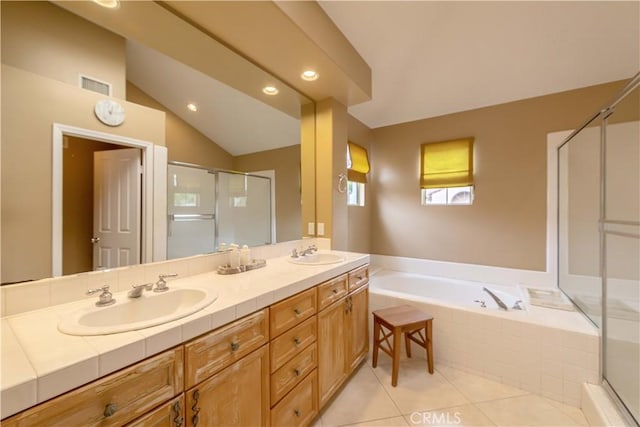 10925 Kimball Pl, Tustin, CA 92782 - full bathroom with visible vents, a shower stall, a sink, and a bath
