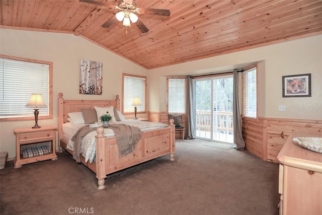 bedroom featuring carpet floors, access to outside, wooden ceiling, and lofted ceiling
