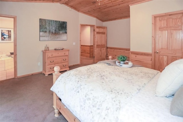 carpeted bedroom featuring wooden ceiling, vaulted ceiling, and connected bathroom