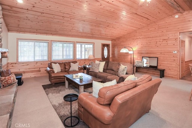 living area with wooden walls, carpet floors, vaulted ceiling, and wooden ceiling