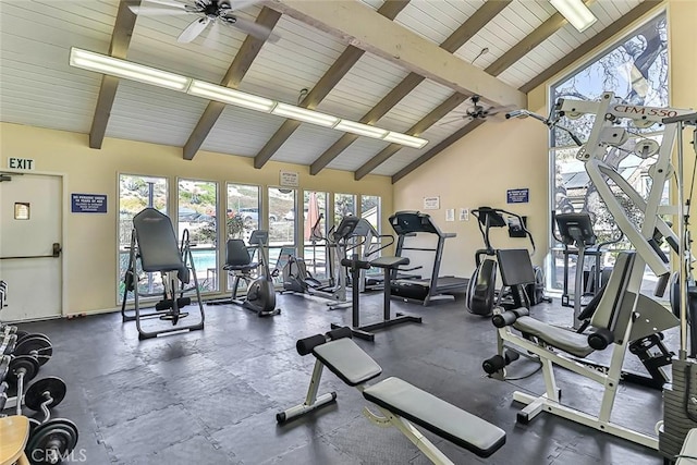 gym with wood ceiling, ceiling fan, and high vaulted ceiling