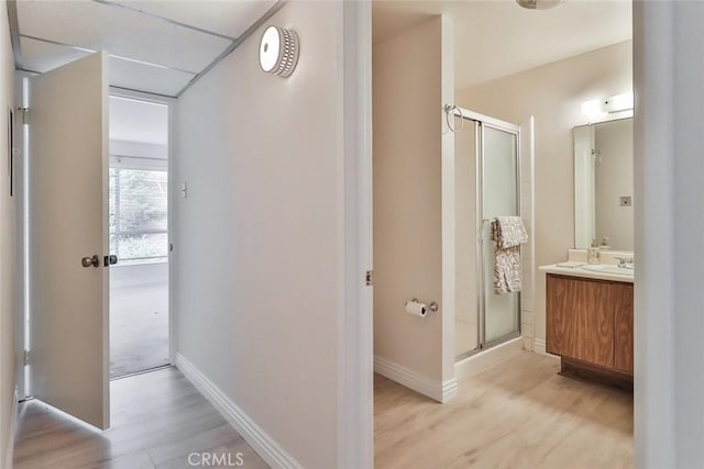 bathroom featuring baseboards, vanity, wood finished floors, and a shower stall