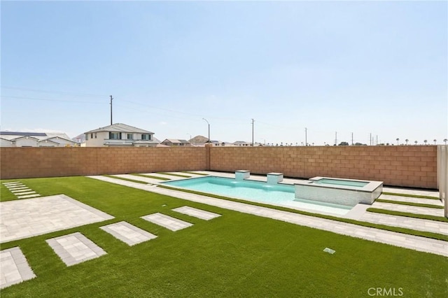 687 Ballesteros St, Perris, CA 92571 - view of swimming pool with a lawn, a fenced backyard, a patio area, and a pool with connected hot tub