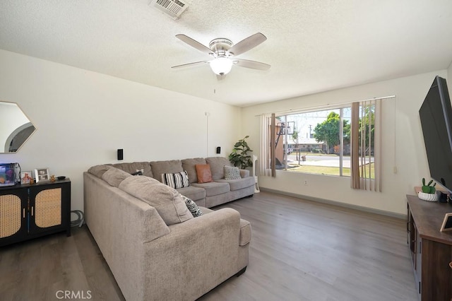 1107 B St, Brawley, CA 92227 - living room featuring ceiling fan, a textured ceiling, baseboards, wood finished floors, and visible vents