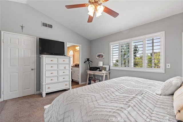 11691 Mount Baker Ct, Rancho Cucamonga, CA 91737 - carpeted bedroom featuring vaulted ceiling, a ceiling fan, connected bathroom, and baseboards