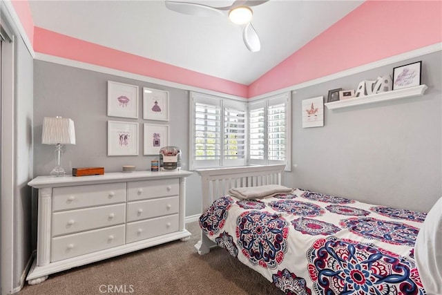 11691 Mount Baker Ct, Rancho Cucamonga, CA 91737 - bedroom featuring carpet, vaulted ceiling, and ceiling fan
