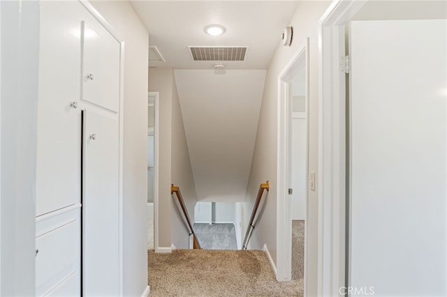 staircase featuring baseboards, carpet flooring, and visible vents