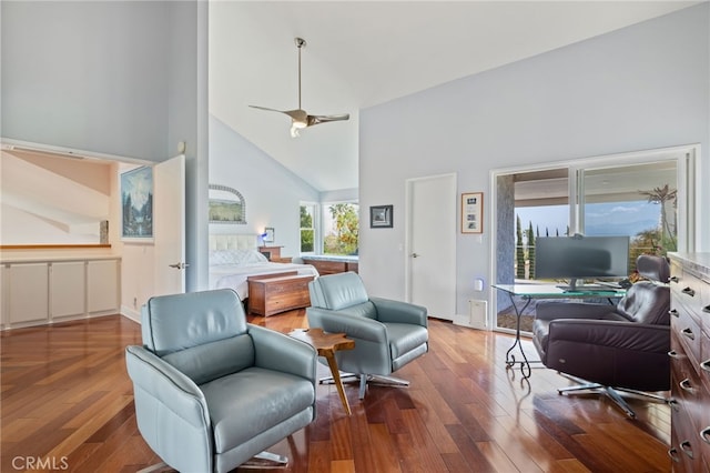 12320 Louise Ave, Granada Hills, CA 91344 - living area featuring high vaulted ceiling, wood finished floors, and baseboards