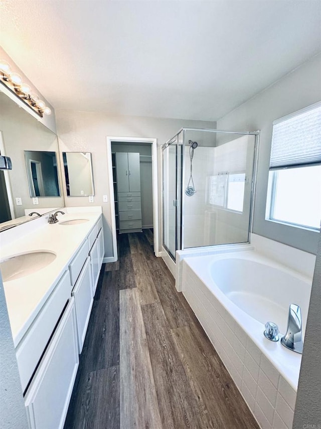 4729 Lagunita Way, Oceanside, CA 92057 - full bathroom with a shower stall, wood finished floors, a bath, and double vanity