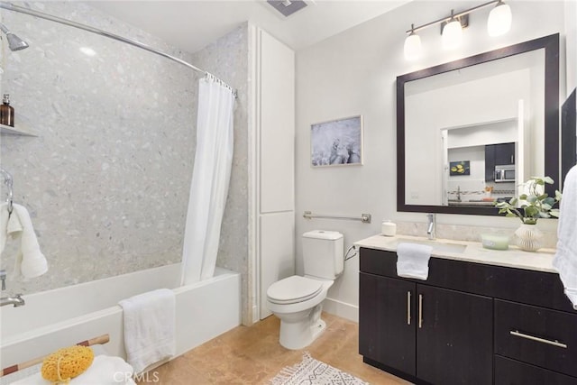 bathroom featuring toilet, visible vents, shower / bath combination with curtain, and vanity