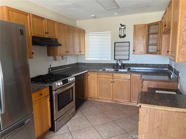 kitchen with a sink, a textured ceiling, stainless steel appliances, under cabinet range hood, and glass insert cabinets