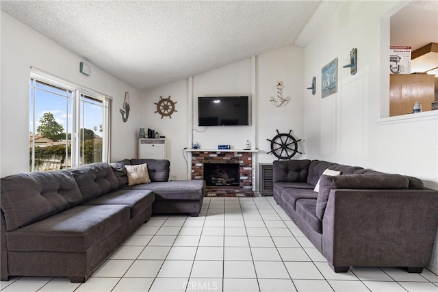 9684 Hemlock St, Rancho Cucamonga, CA 91730 - living area with lofted ceiling, a textured ceiling, a brick fireplace, and light tile patterned flooring