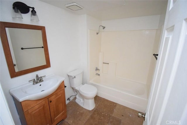 full bath featuring vanity, tub / shower combination, and toilet
