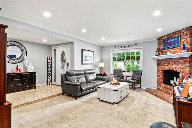 1528 E San Alto Ave, Orange, CA 92865 - living area with baseboards, ornamental molding, a brick fireplace, and recessed lighting