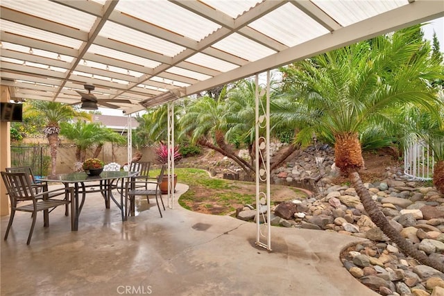 1528 E San Alto Ave, Orange, CA 92865 - view of patio featuring outdoor dining area, a ceiling fan, fence, and a pergola