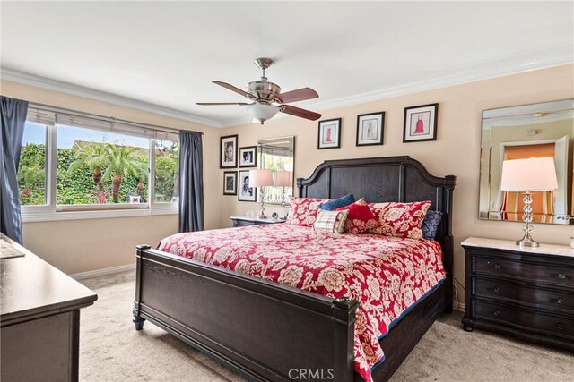1528 E San Alto Ave, Orange, CA 92865 - bedroom featuring baseboards, ornamental molding, ceiling fan, and light carpet