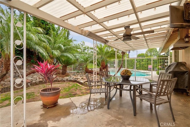 1528 E San Alto Ave, Orange, CA 92865 - view of patio featuring a pergola, ceiling fan, a fenced backyard, a fenced in pool, and a grill