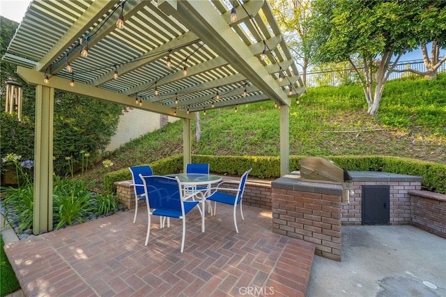 view of patio with fence, a pergola, area for grilling, and outdoor dining space