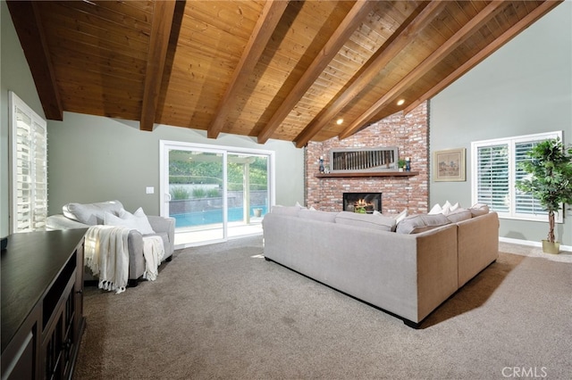 living area featuring a fireplace, wooden ceiling, high vaulted ceiling, beamed ceiling, and carpet flooring