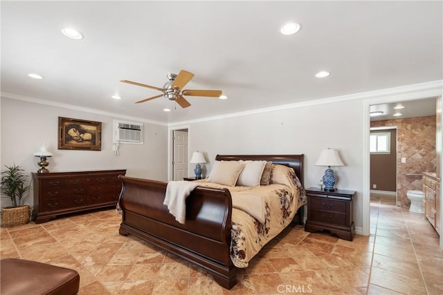 bedroom with ornamental molding, a wall unit AC, and recessed lighting