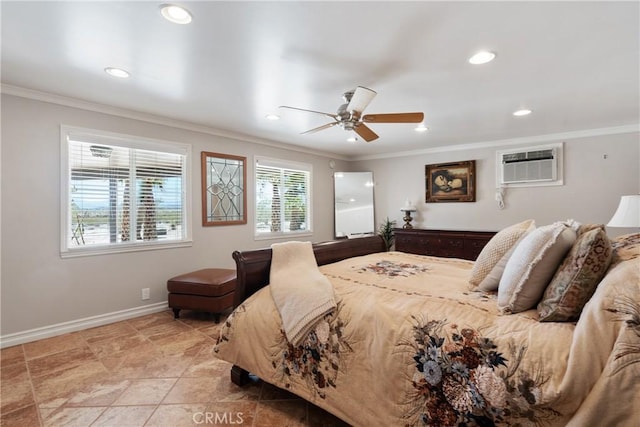 bedroom featuring crown molding, ceiling fan, recessed lighting, baseboards, and a wall mounted AC