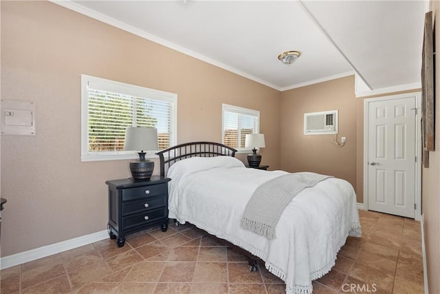 bedroom featuring crown molding, baseboards, and a wall mounted AC