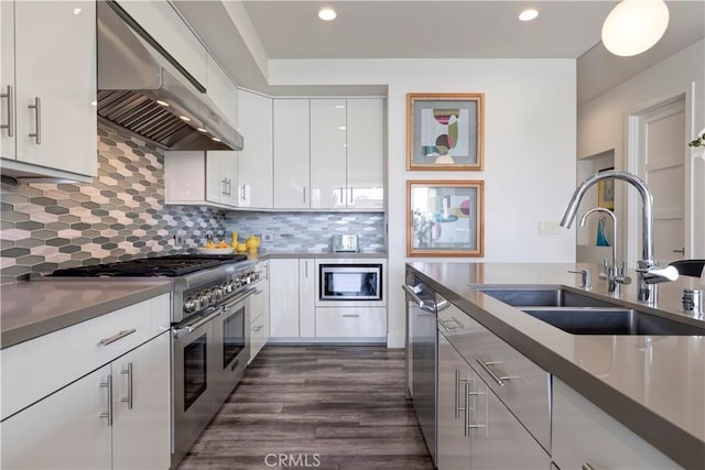 48 57th Pl, Long Beach, CA 90803 - kitchen with exhaust hood, white cabinets, a sink, dark wood finished floors, and stainless steel appliances