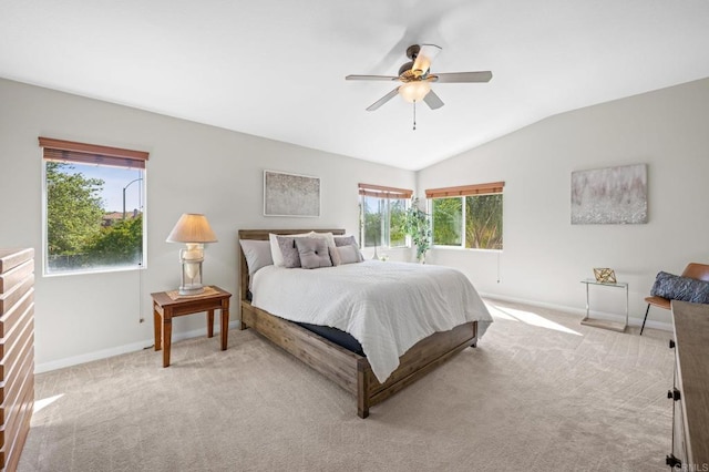 28829 Golden Dawn Dr, Menifee, CA 92584 - bedroom with baseboards, light carpet, ceiling fan, and lofted ceiling
