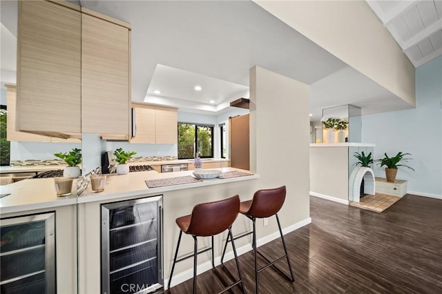 kitchen featuring light countertops, baseboards, dark wood-style floors, and beverage cooler
