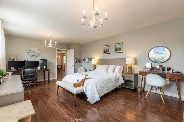 bedroom featuring an inviting chandelier, baseboards, and wood finished floors