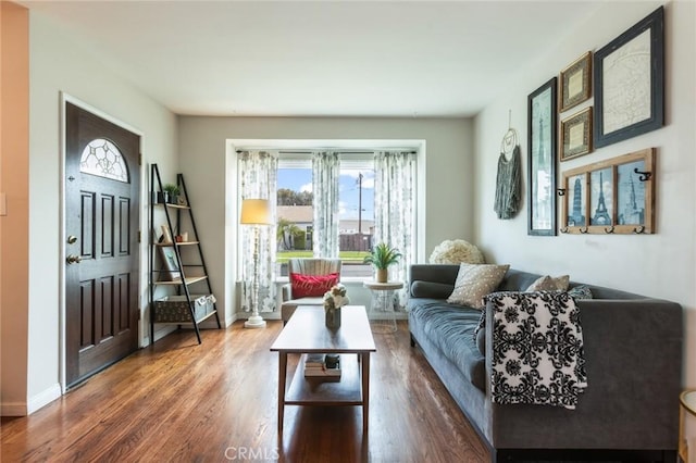 living area featuring baseboards, plenty of natural light, and wood finished floors