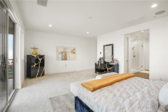 11818 N Hillsborough Ln, Porter Ranch, CA 91326 - bedroom with light carpet, recessed lighting, attic access, ensuite bathroom, and baseboards