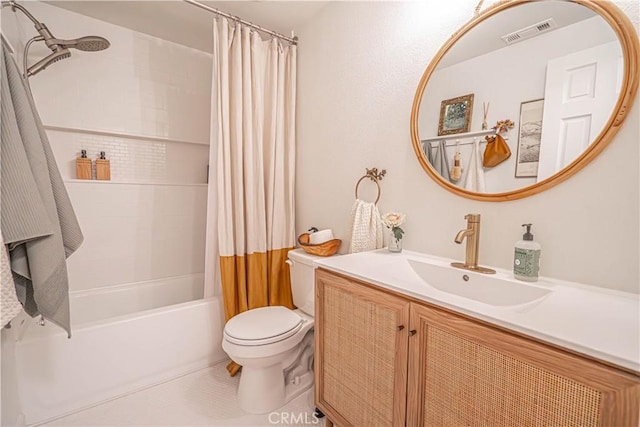 full bathroom with shower / bath combination with curtain, visible vents, tile patterned flooring, vanity, and toilet