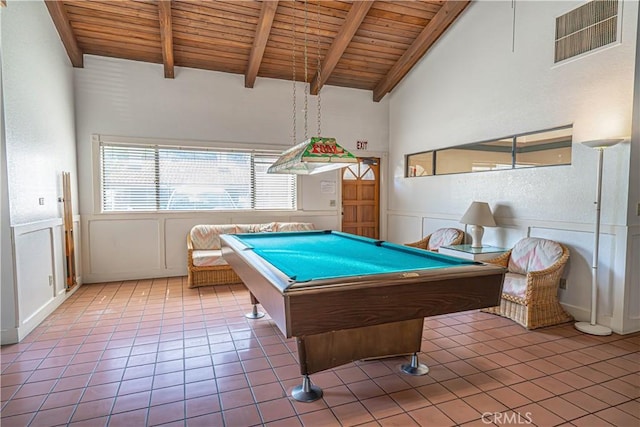 game room with wood ceiling, tile patterned flooring, lofted ceiling with beams, and a decorative wall